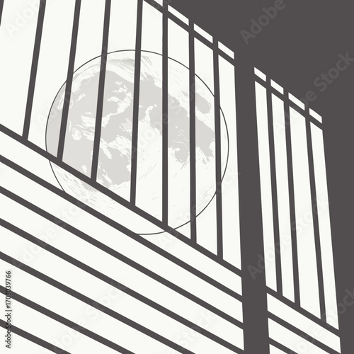 Vector art of a serene full moon shines brightly through the bars of a window, casting shadows and creating a sense of mystery and confinement