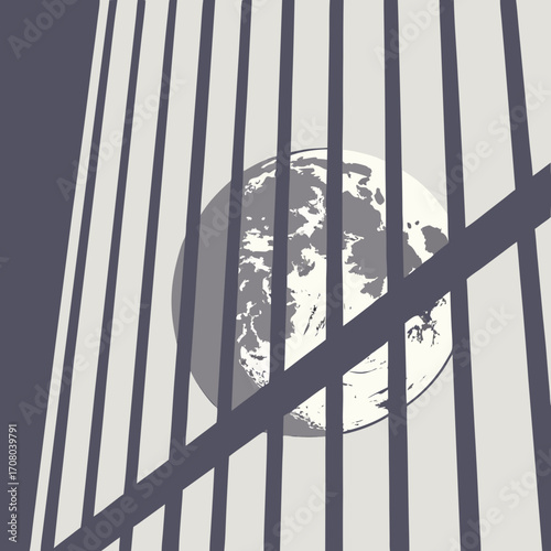 Vector art of a captivating full moon is seen through the bars of a window, creating a sense of longing and isolation, with shadows adding depth and intrigue