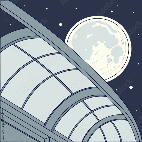 Vector art of a stylized illustration features a moon rising behind an observatory dome, creating a scene of scientific exploration and celestial observation