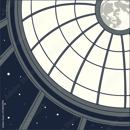 Vector art of a stylized illustration depicts an observatory dome interior framing a view of the moon and starry night sky, blending architectural detail with celestial wonder