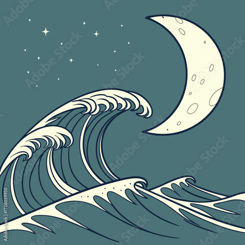 Vector art of a mesmerizing illustration captures a powerful ocean wave gracefully curling beneath a crescent moon, illuminated by a scattering of stars, creating a dreamlike and enchanting scene