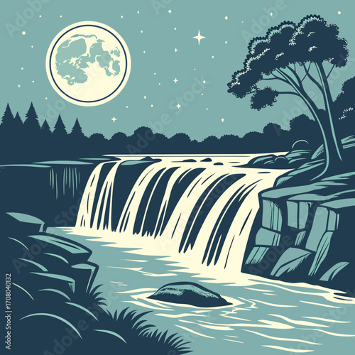 Vector art of a serene vector illustration captures a waterfall cascading under a full moon and starry sky, with trees and rocks adding to the natural beauty of the tranquil landscape
