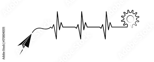 Abstract paper plane origami airplane, ekg shape route, gear cogwheel vector. Creative medical science concept design to use for cardiology, healthcare business, medical care concept projects.