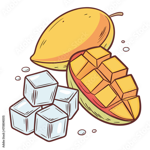 Illustration of a mango with ice cubes, a refreshing and tropical treat, perfect for summer designs and healthy eating concepts, vibrant and eyecatching