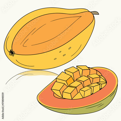 Illustration of a sliced papaya with visible seeds and a cut papaya with diced pieces, showcasing its vibrant orange flesh and tropical appeal