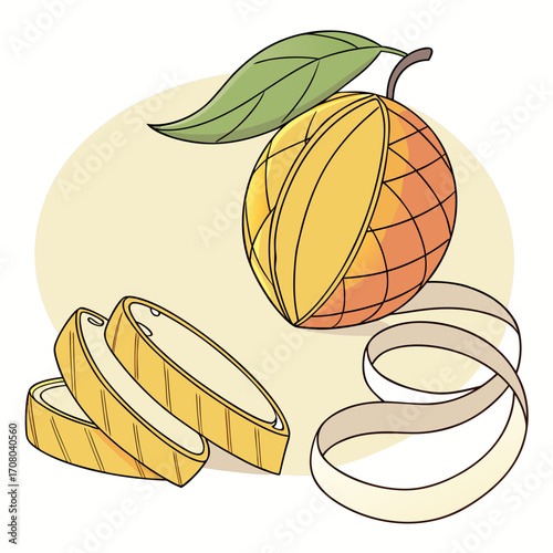 Illustration of a sliced mango with a leaf and decorative peel, showcasing its vibrant orange flesh and tropical appeal