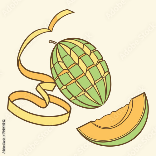 Illustration of a peeled and sliced cantaloupe melon, showcasing its vibrant orange flesh and refreshing appeal, with a decorative peel curl