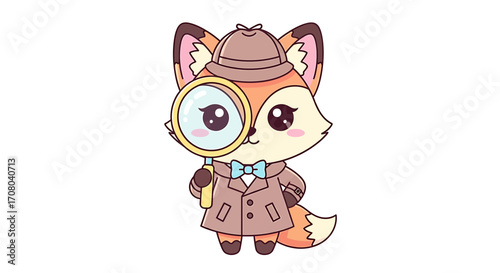 Cute cartoon fox detective wearing a trench coat and hat, holding a magnifying glass and looking curious