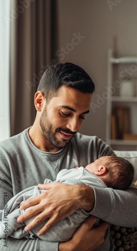 A tender father looks lovingly at his sleeping newborn baby. A young dad cradling his infant at home. Fatherhood and family bond concept.