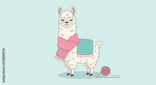 Cute cartoon llama wearing a pink scarf and a blue saddle blanket, with a ball of pink yarn next to it, set against a light blue background, whimsical illustration