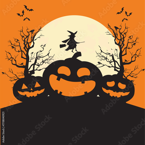 Halloween Banner with Pumpkin heads and witch in high resolution vector file