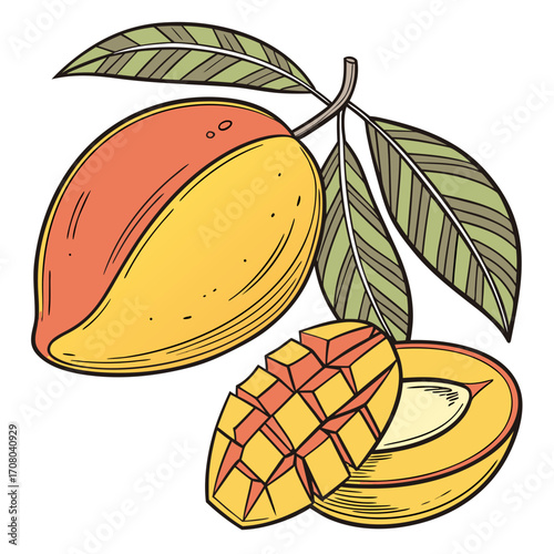 Illustration of a ripe mango fruit with leaves and a sliced mango, capturing the essence of tropical freshness and natural sweetness