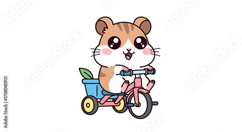 Cute cartoon hamster riding a pink tricycle with a blue basket carrying a green leaf