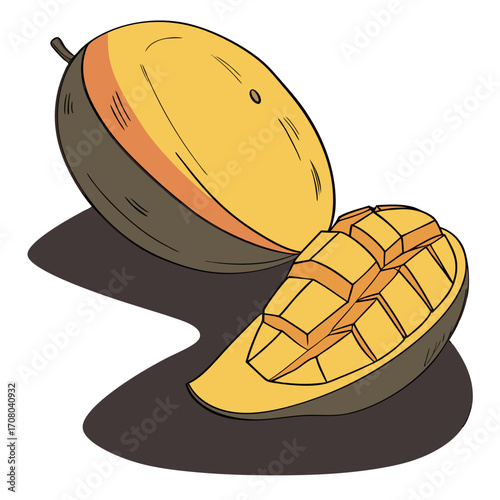 Vector art of a handdrawn illustration of a ripe mango fruit, with a slice cut to reveal the juicy flesh, casting a dark shadow