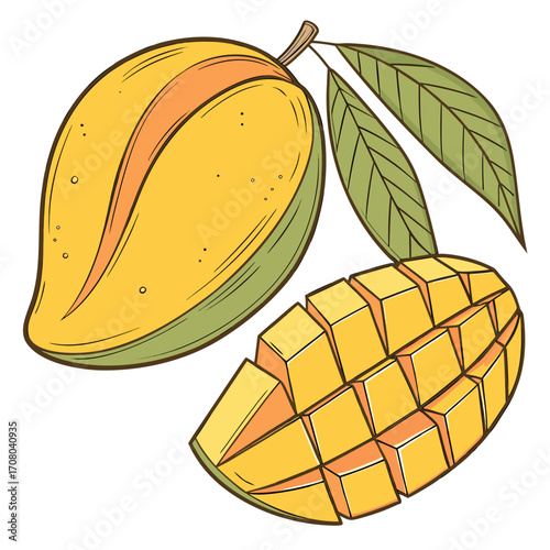 Illustration of a fresh mango fruit with leaves and a sliced mango, showcasing its vibrant colors and tropical appeal in a simple, clean design