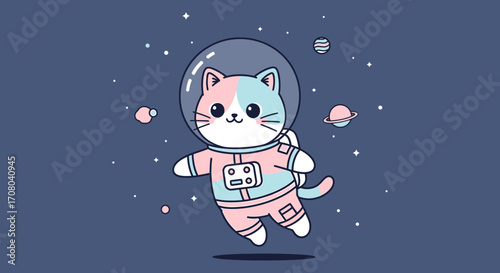 Cute cartoon cat astronaut floating in outer space surrounded by stars and planets, whimsical and adorable illustration for childrens themes and space exploration