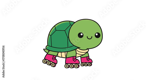 Cute cartoon green turtle wearing pink roller skates