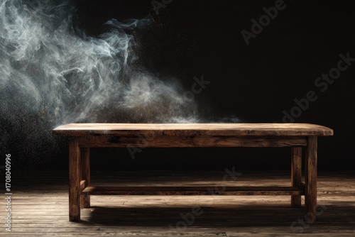 empty wooden table with smoke float up on dark background. MZ 