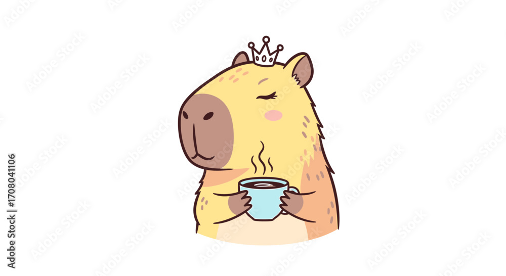 Obraz premium Cute cartoon capybara wearing a small crown and holding a steaming cup of coffee