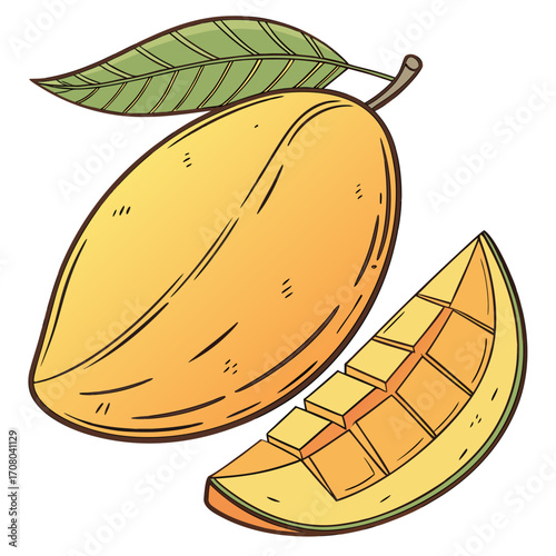 Illustration of a whole mango and a slice, showcasing the vibrant colors and textures of this tropical fruit