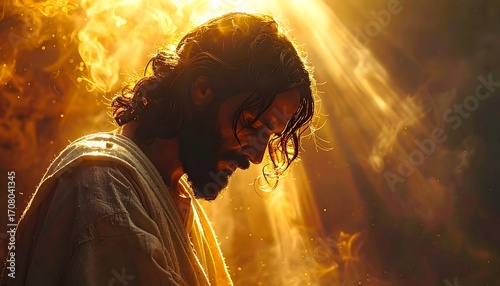 A serene portrait of a figure with long hair and beard, bathed in radiant, golden light, eyes closed in prayer