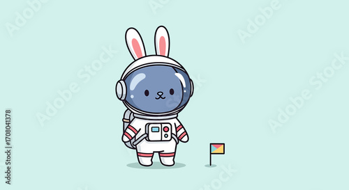 Cute cartoon bunny astronaut in a spacesuit standing on a pastel blue background with a small flag planted next to it, representing space exploration and adventure in a whimsical style