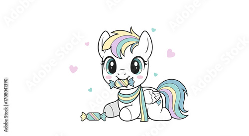 Cute cartoon white pony with rainbow mane and tail, wearing a scarf and eating candy