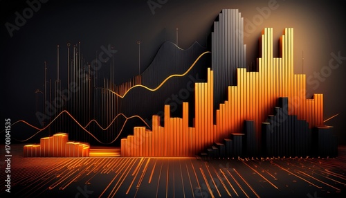 abstract representation of financial trends with black and orange bar graphs on dark background