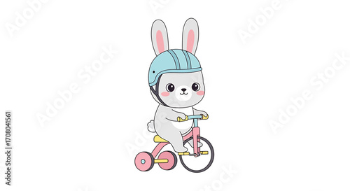 Cute cartoon bunny rabbit wearing a blue helmet riding a pink tricycle