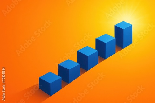 Ascending blue cubes on bright orange background with sunlight representing business growth statistics success and financial progress