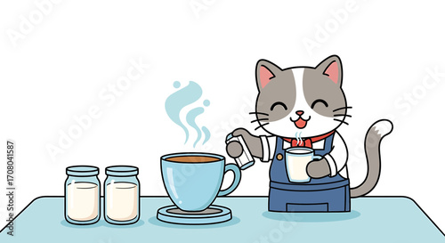 A cute cartoon cat barista wearing an apron and serving a steaming cup of coffee with milk