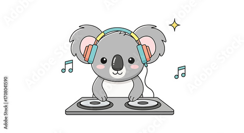 Cute cartoon koala wearing headphones and djing on a turntable, , with musical notes and a sparkle
