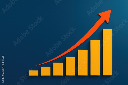 Bar chart in yellow and red on dark blue background with upward arrow symbolizing business growth success data trends and performance analytics