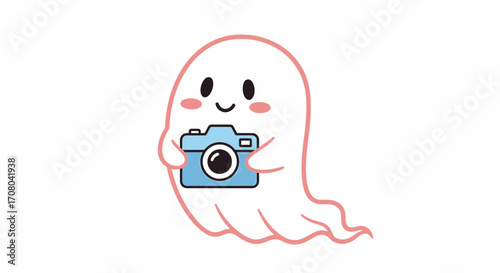 Cute cartoon ghost holding a blue camera, , perfect for photography themes, halloween, or cute character designs