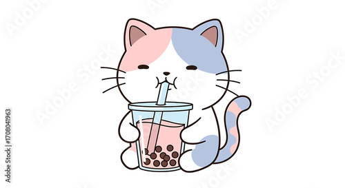 Cute cartoon cat drinking bubble tea