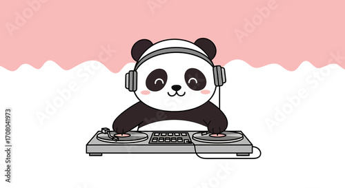 Cute cartoon panda wearing headphones and djing on turntables, isolated on a with a pink wavy pattern at the top