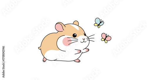 Cute cartoon hamster with pink cheeks and small tail, running towards two colorful butterflies