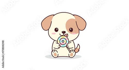 Cute cartoon puppy dog sitting and eating a colorful lollipop, , adorable illustration for children and pet lovers, simple and sweet design