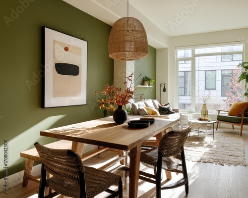 A sun-drenched dining area with a modern aesthetic.