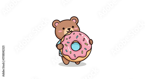 Cute cartoon bear holding a large pink frosted donut with sprinkles