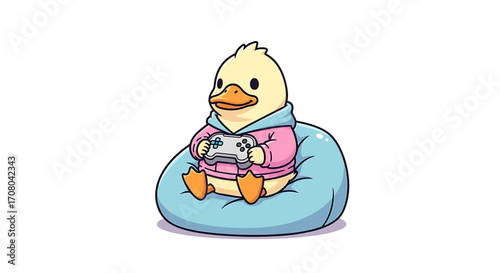 Cute cartoon duck wearing a pink hoodie, sitting on a blue beanbag chair and playing video games with a controller