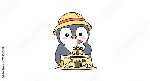 Cute cartoon penguin wearing a safari hat, building a sandcastle on a beach