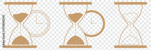 Time Management Business Vector Set. Hourglass clock deadline productivity Icons. Timer icon. Stopwatch symbol. hourglass icon black line. Three hourglasses showing passage of time in black