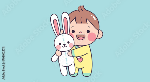 Adorable cartoon baby character joyfully hugging a soft white bunny toy, depicting innocent childhood playtime and comfort on a light blue background for nursery themes