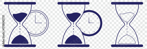 Time Management Business Vector Set. Hourglass clock deadline productivity Icons. Timer icon. Stopwatch symbol. hourglass icon black line. Three hourglasses showing passage of time in black