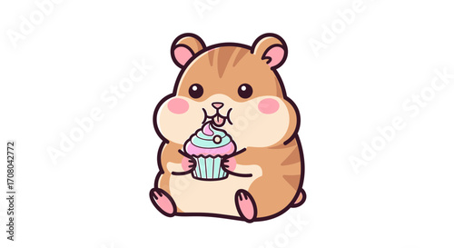 Cute cartoon hamster eating a cupcake