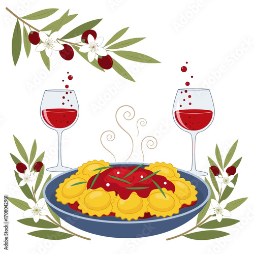A delightful plate of ravioli with red sauce and fresh herbs accompanied by two glasses of red wine and olive branches on a white background.