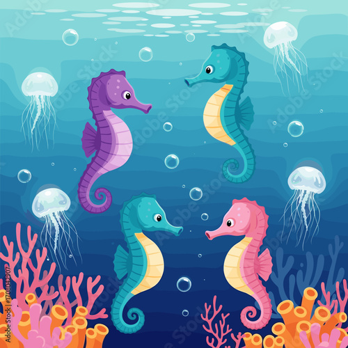 Four colorful seahorses swim among jellyfish and coral reefs.