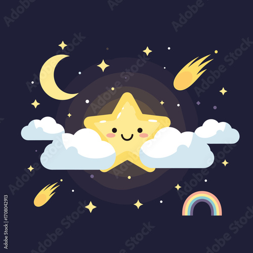 A cheerful cartoon star floats peacefully among the clouds under a crescent moon.