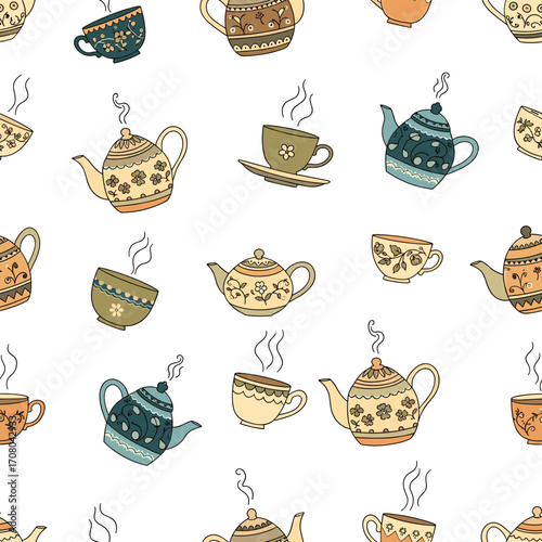 A charming pattern featuring vintage teapots and cups with steam rising.